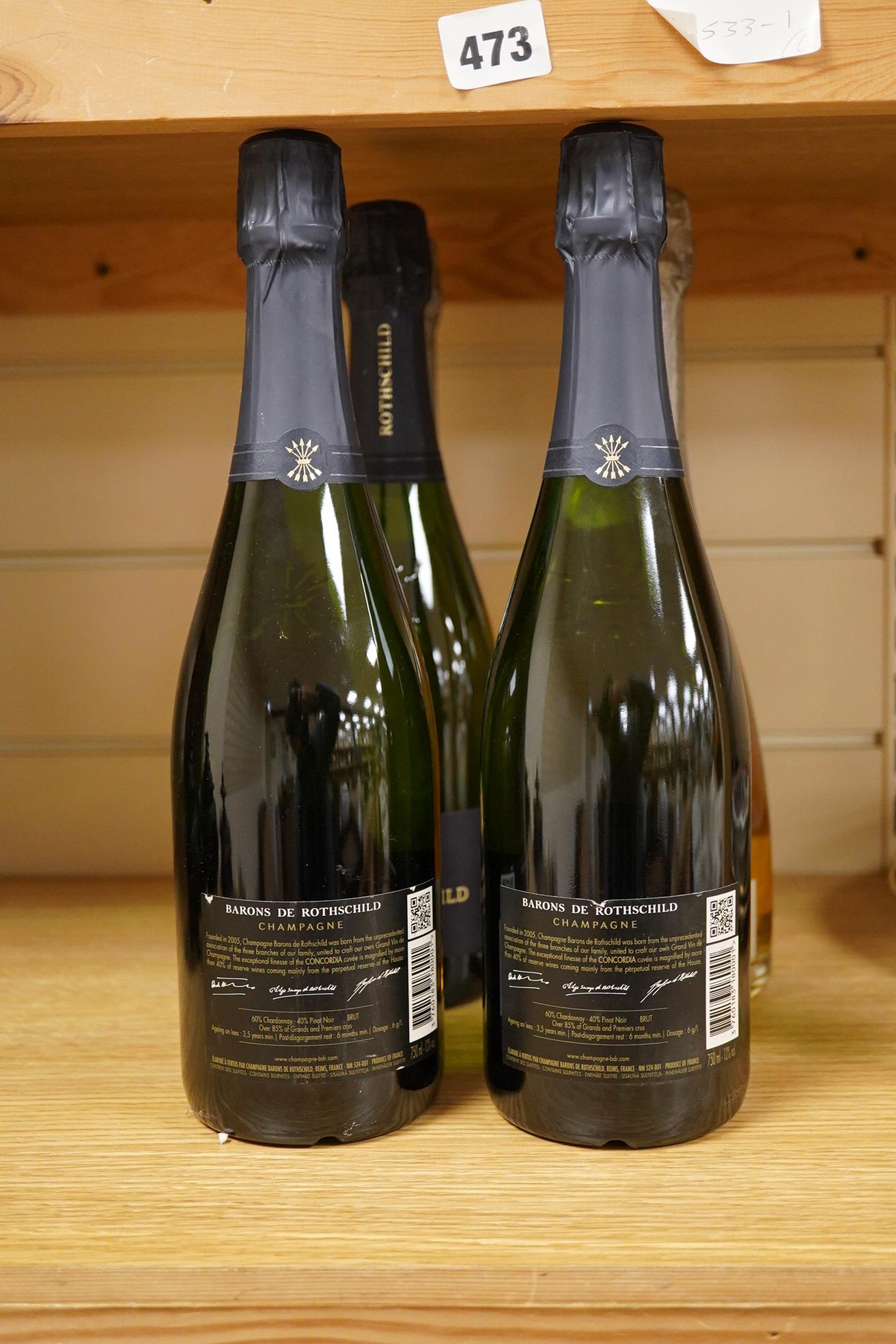 Three bottles of Barons de Rothschild NV Champagne and three bottles of Blin’s blanc de blanc Champagne.